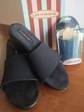 LEXEES FLEXEES Interchangeable Wedge Slide Sandals Black & Denim Straps - Size 8